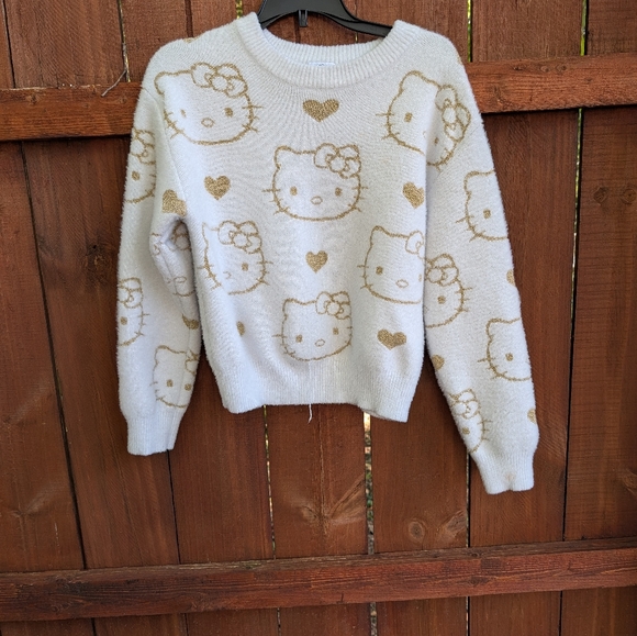 Hello Kitty Girls Lurex White & Gold Patterned Sweater Sz L - Picture 1 of 4